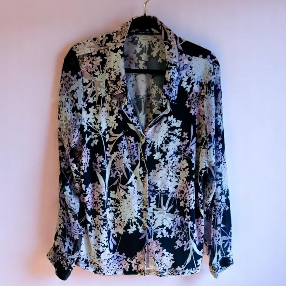 TOMMY HILFIGER Floral long sleeve blouse sheer pink purple black Sz XL EUC